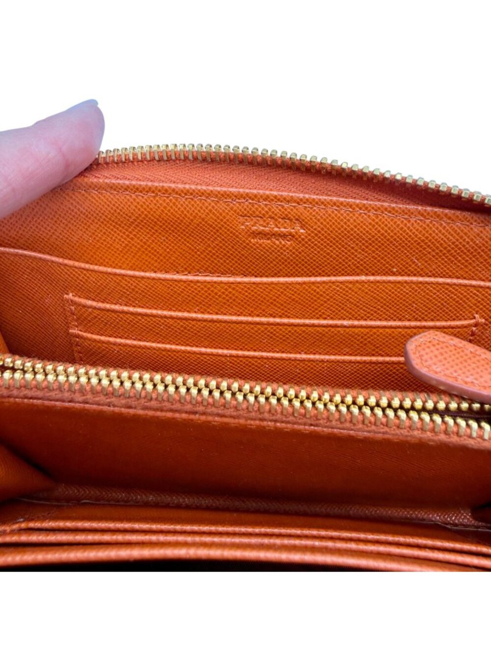 Prada Orange/Red Saffiano Leather Bicolor Zip Around Wallet featuring a gold log - Picture 8 of 12
